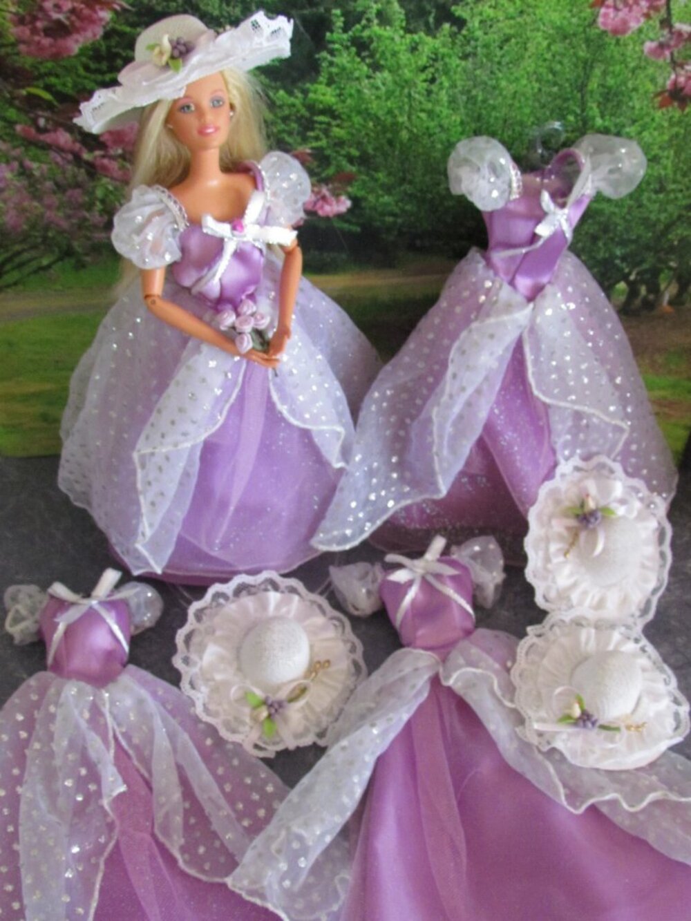4 BARBIE BRIDESMAID OUTFITS, PURPLE GOWNS w WHITE HATS for BARBIE & KEN WEDDINGS